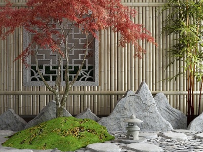 新中式庭院假山景观模型
