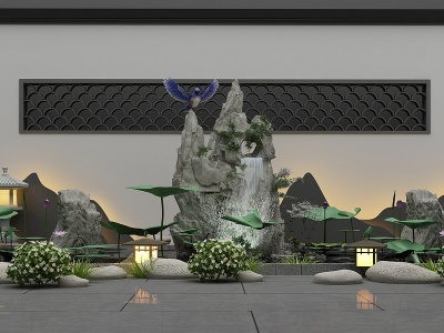 新中式庭院景观水景小品模型