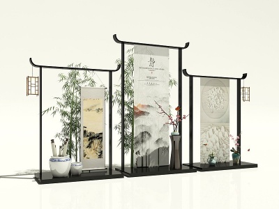 3d中式美陈竹子花瓶灯笼模型