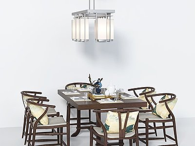 新中式餐桌椅摆件吊灯组合模型3d模型