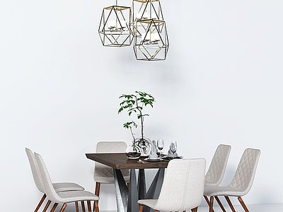 3d现代餐桌椅桌花吊灯组合模型