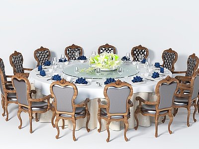 3d欧式包间多人圆形餐桌椅模型