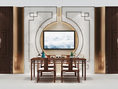 新中式茶桌餐桌花格窗帘模型3d模型