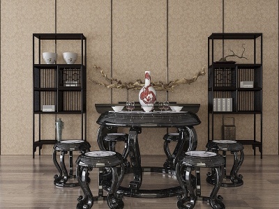 3d中式黑色书柜茶桌椅模型