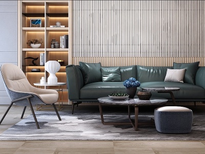 3d现代皮革沙发茶几单椅组合模型