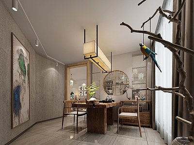 3d新中式家具茶室茶桌椅挂画模型