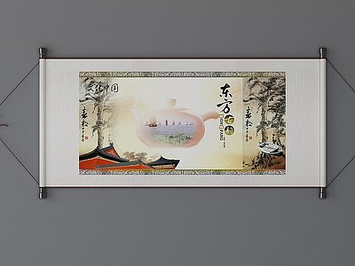 3d新中式中式茶室墙饰装饰画模型