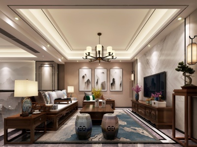 3d中式别墅客餐厅起居室模型