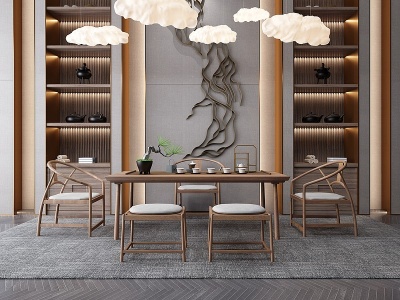 新中式茶室墙柜云朵吊灯模型3d模型