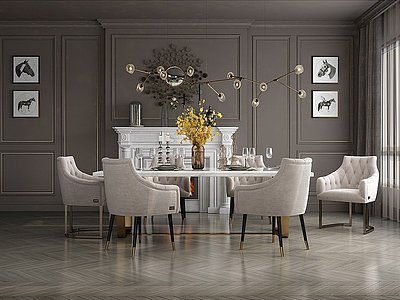 3d现代奢华餐桌椅组合壁炉模型