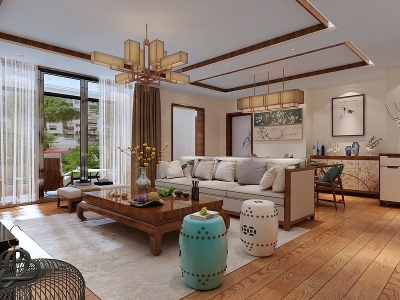 新中式客厅沙发餐边柜吊灯模型3d模型