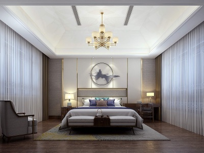 3d新中式卧室吊灯床模型