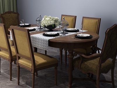 3d美式餐桌餐桌椅六人桌模型
