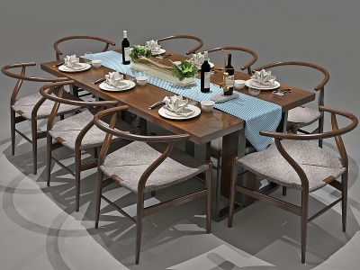 3d新中式餐桌餐桌椅六人桌模型