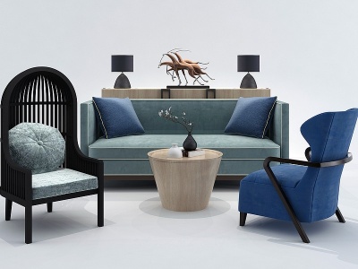3d现代沙发茶几组单椅背景柜模型