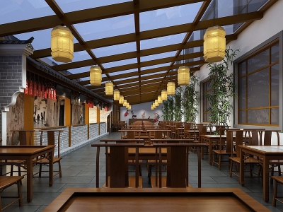 3d新中式食堂中式食堂餐厅模型