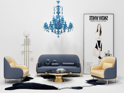 3d现代沙发茶几吊灯组合模型