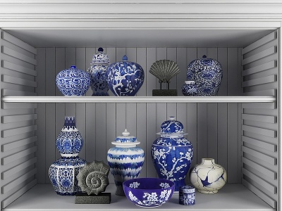 中式青花瓷器皿模型