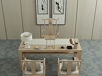 新中式书桌椅装饰画椅子3d模型