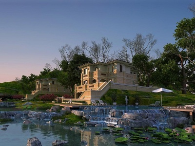 欧式古典独栋水景别墅3d模型