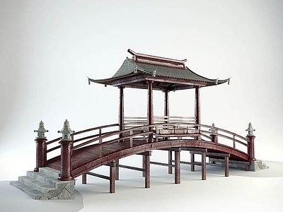 中式古建凉亭木拱桥模型