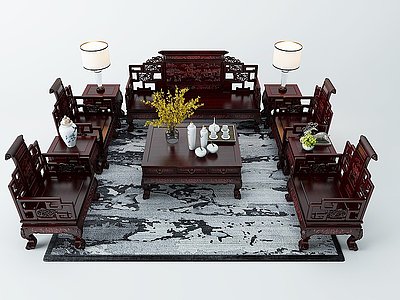 3d新中式古典沙发茶几组合模型