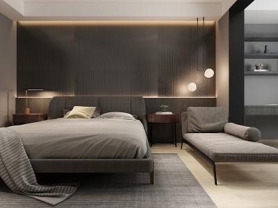 3d现代卧室床落地灯贵妃椅模型