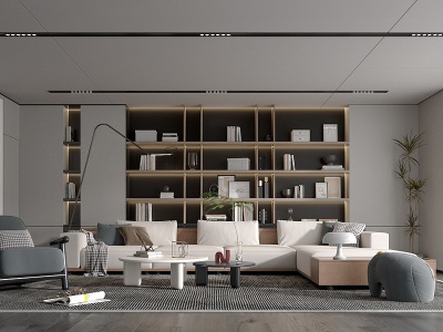 现代书架沙发背景墙客厅模型3d模型