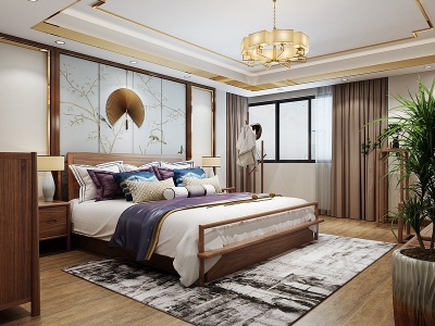 3d新中式卧室双人床床头柜模型