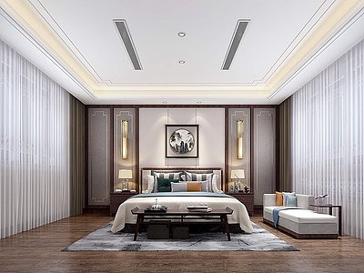 新中式卧室床床头柜吊灯模型3d模型