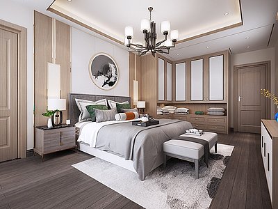 3d新中式卧室双人床吊灯模型