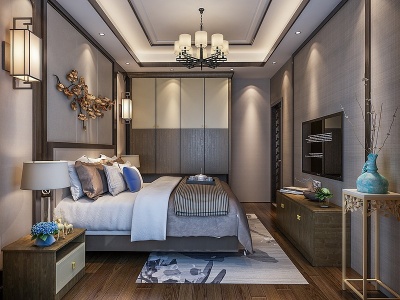 3d新中式卧室双人床衣柜模型