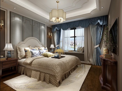 3d美式卧室壁灯双人床窗帘模型