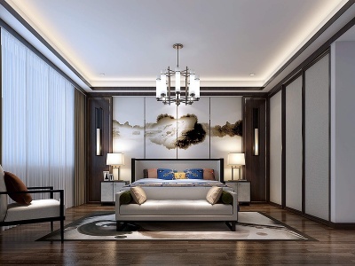 3d新中式卧室床床头柜模型