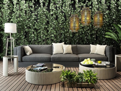 3d日式绿植墙沙发组合模型