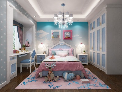 3d美式女儿房卧室床书桌椅模型