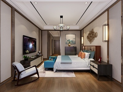 3d新中式主卧室双人床模型