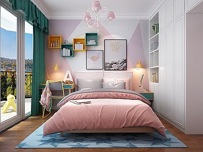 3d现代卧室床窗帘衣柜模型