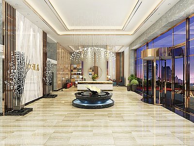3d新中式酒店大堂售楼大厅模型