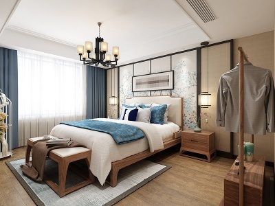 3d新中式卧室双人床模型