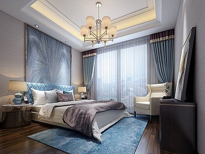 3d现代卧室床窗帘休闲椅模型