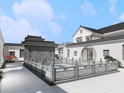 3d新中式徽派建筑庭院模型