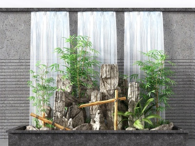 3d新中式假山流水竹子模型