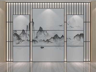 3d新中式背景墙形象墙模型