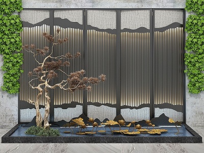 3d新中式园艺景观假山松树模型