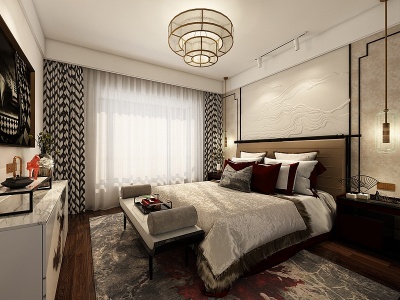新中式轻奢卧室床床头柜模型3d模型