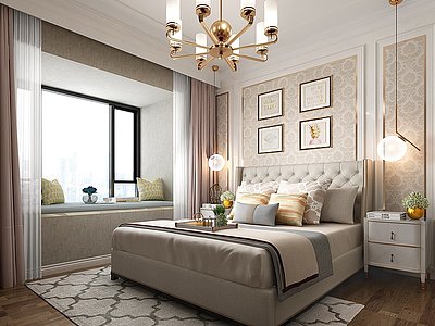 3d现代美式卧室床窗帘模型
