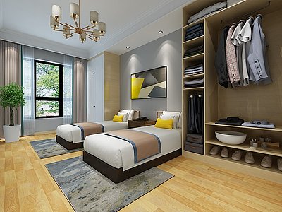 3d现代客房双人床衣柜模型
