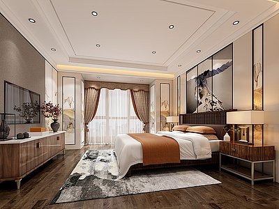 新中式卧室床头柜双人床模型3d模型