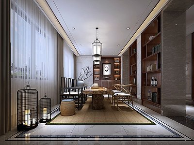 3d新中式茶室博古架酒柜模型